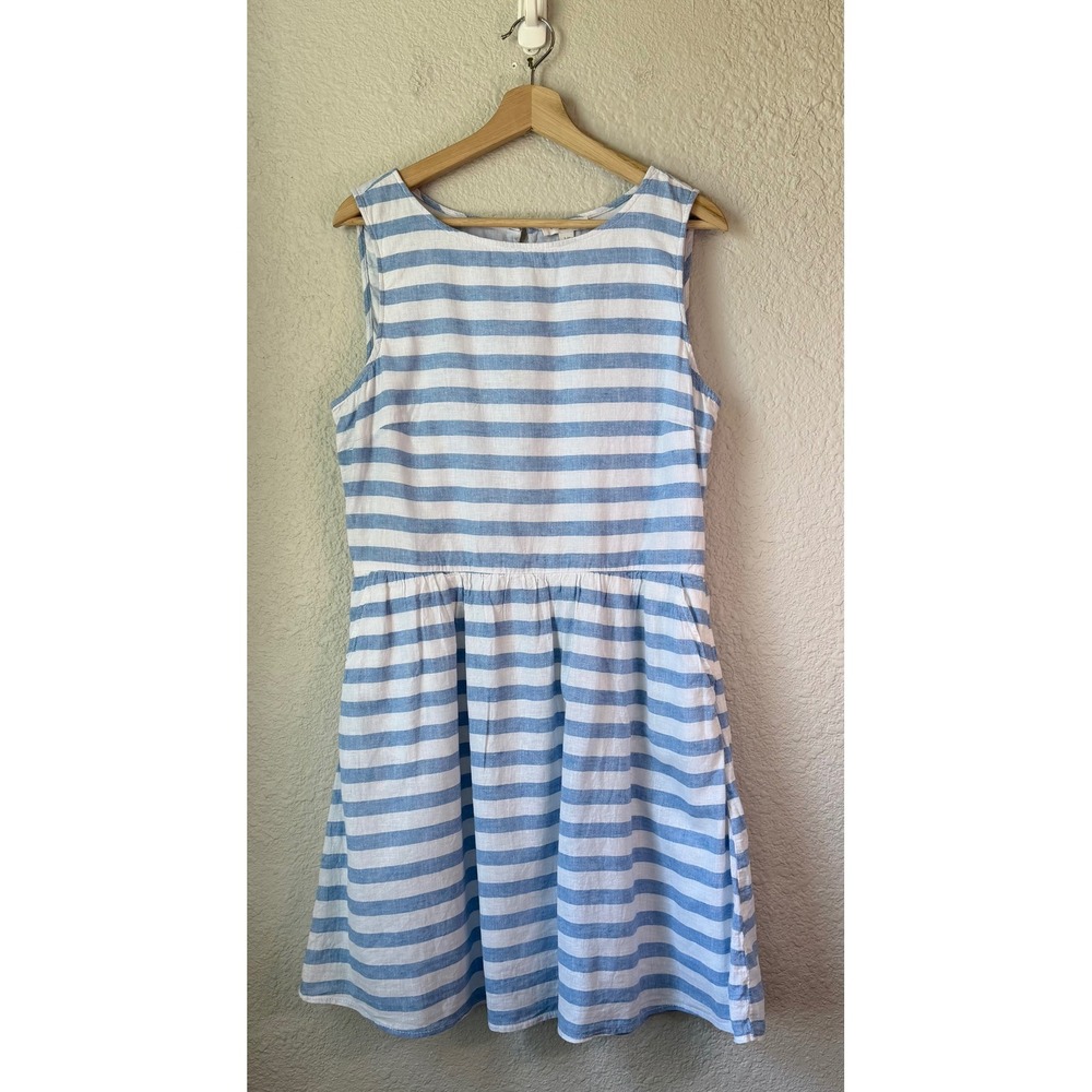 BeachLunchLounge Blue White Striped Linen Blend Sleeveless Pocket Dress Large